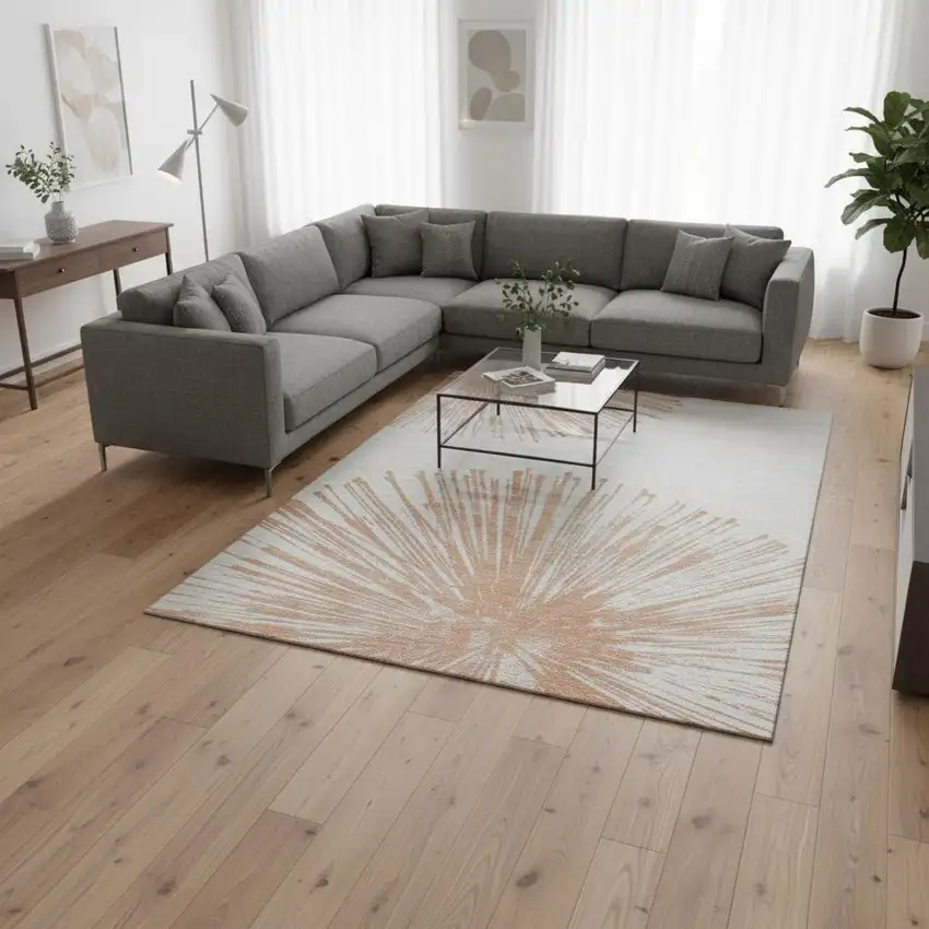 Salmon And Ivory Abstract Washable Area Rug With UV Protection Photo 2