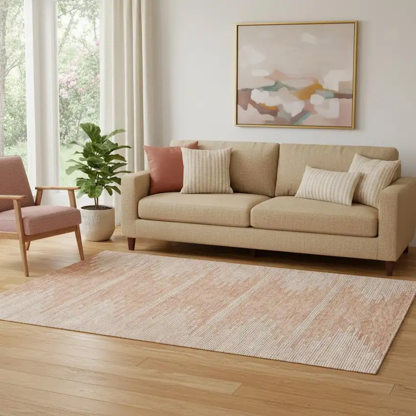 Salmon And Ivory Abstract Washable Area Rug With UV Protection Photo 1