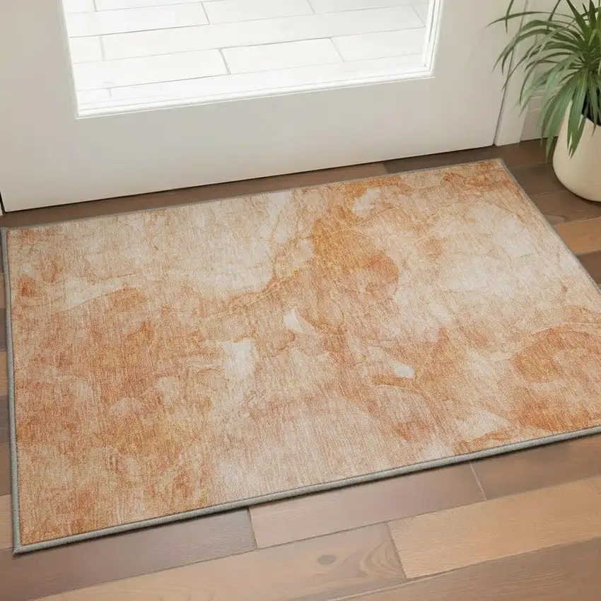 Salmon And Ivory Abstract Washable Area Rug With UV Protection Photo 2