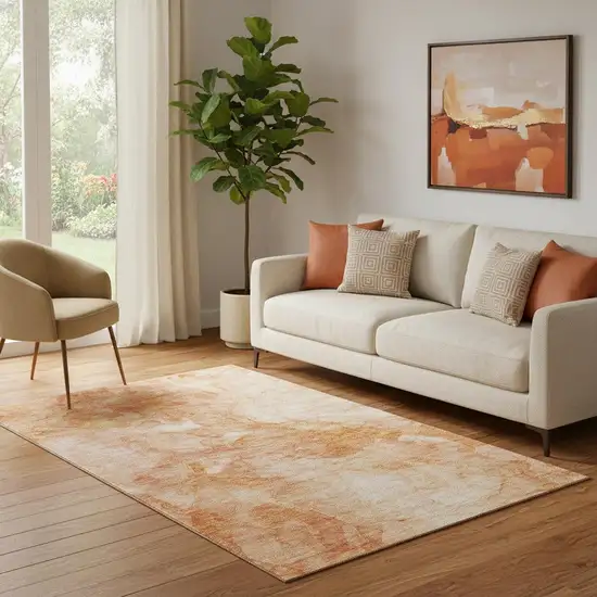Salmon And Ivory Abstract Washable Area Rug With UV Protection Photo 1