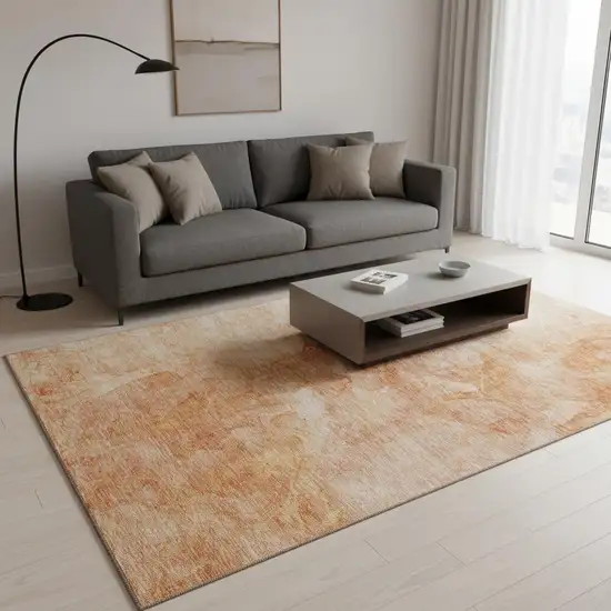 Salmon And Ivory Abstract Washable Area Rug With UV Protection Photo 1