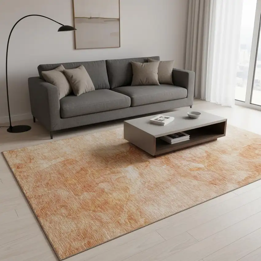 Salmon And Ivory Abstract Washable Area Rug With UV Protection Photo 1