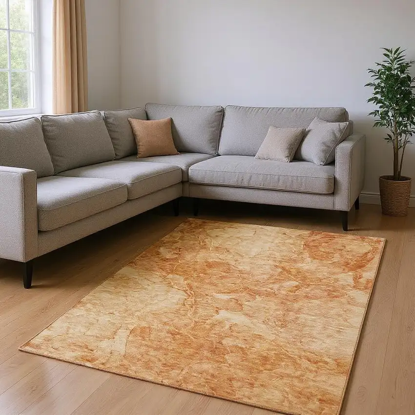 Salmon And Ivory Abstract Washable Area Rug With UV Protection Photo 1