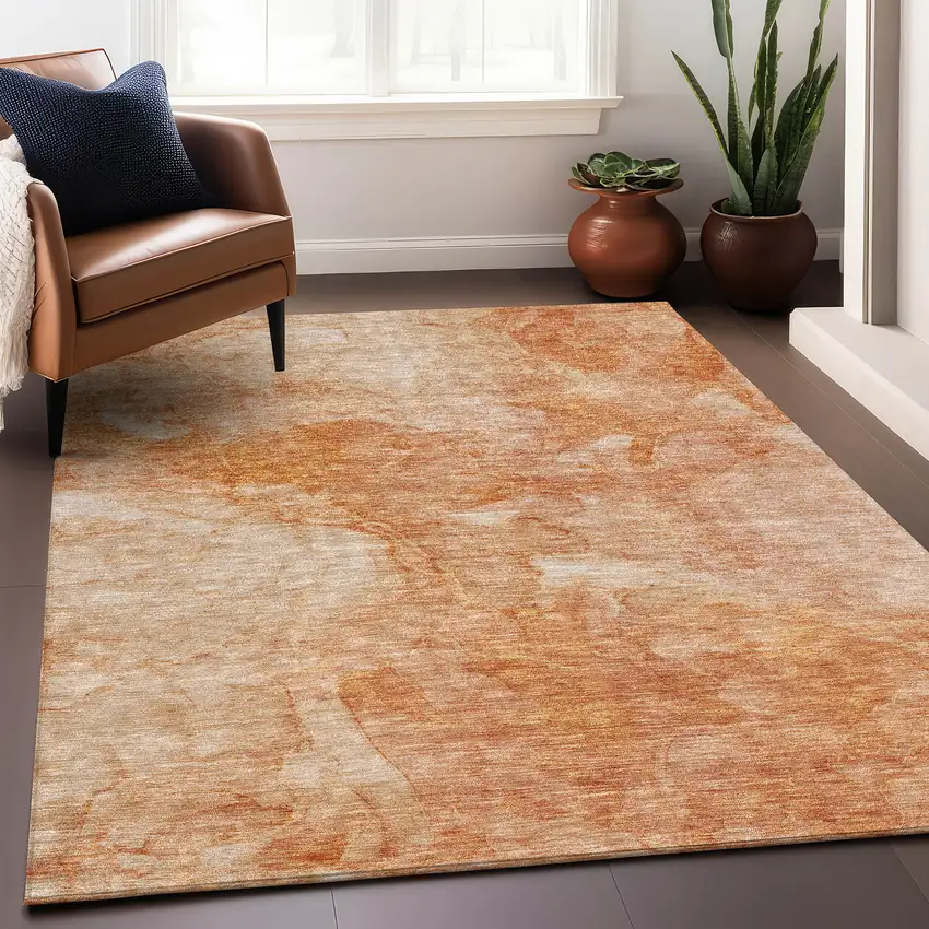 Salmon And Ivory Abstract Washable Area Rug With UV Protection Photo 5