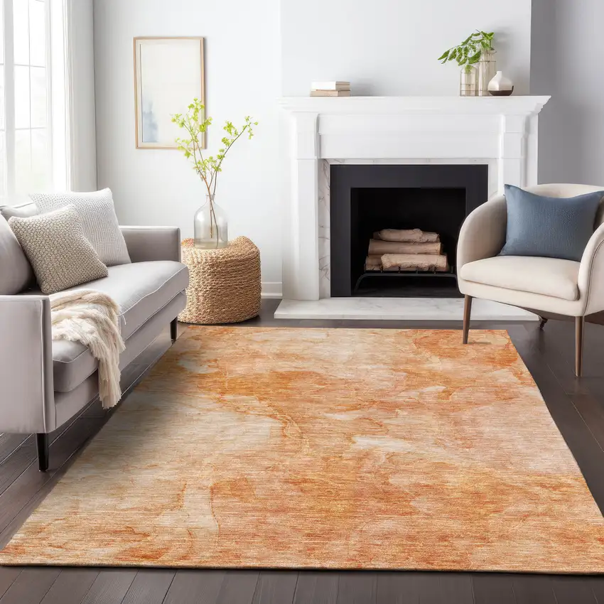 Salmon And Ivory Abstract Washable Area Rug With UV Protection Photo 6