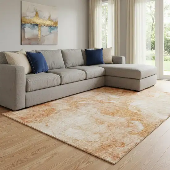 Salmon And Ivory Abstract Washable Area Rug With UV Protection Photo 1