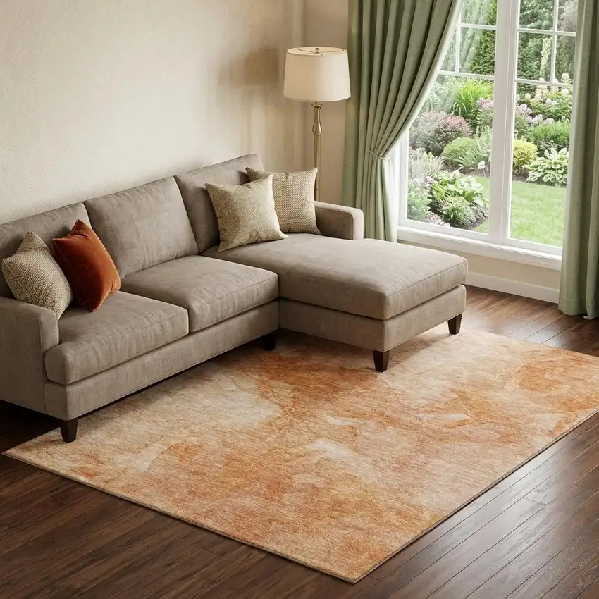 Salmon And Ivory Abstract Washable Area Rug With UV Protection Photo 1