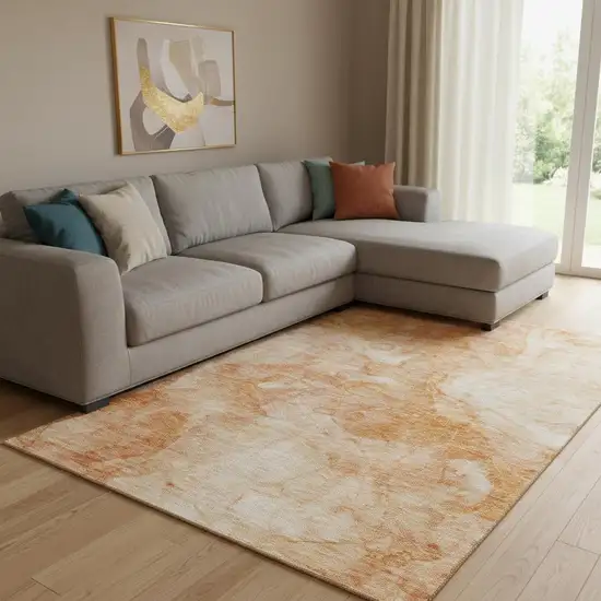 Salmon And Ivory Abstract Washable Area Rug With UV Protection Photo 1