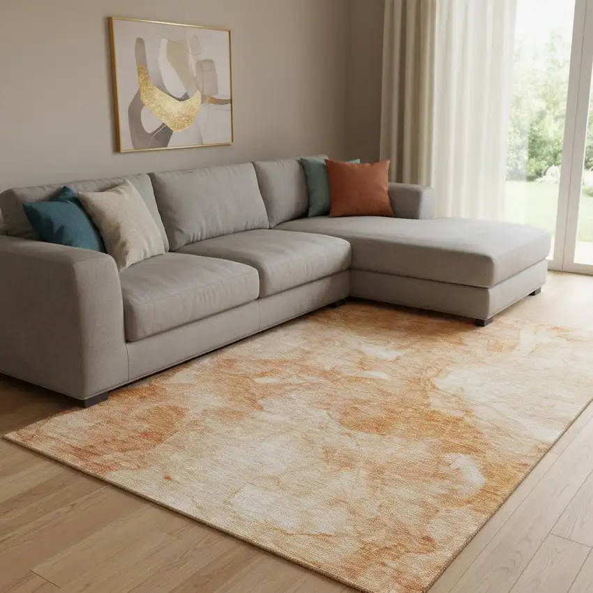 Salmon And Ivory Abstract Washable Area Rug With UV Protection Photo 1