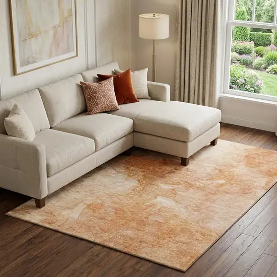 Salmon And Ivory Abstract Washable Area Rug With UV Protection Photo 1