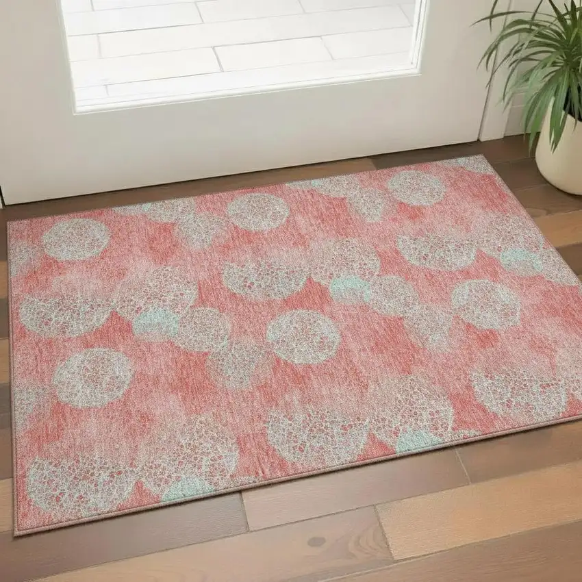 Salmon And Ivory Abstract Washable Area Rug With UV Protection Photo 2