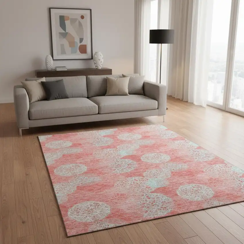 Salmon And Ivory Abstract Washable Area Rug With UV Protection Photo 2
