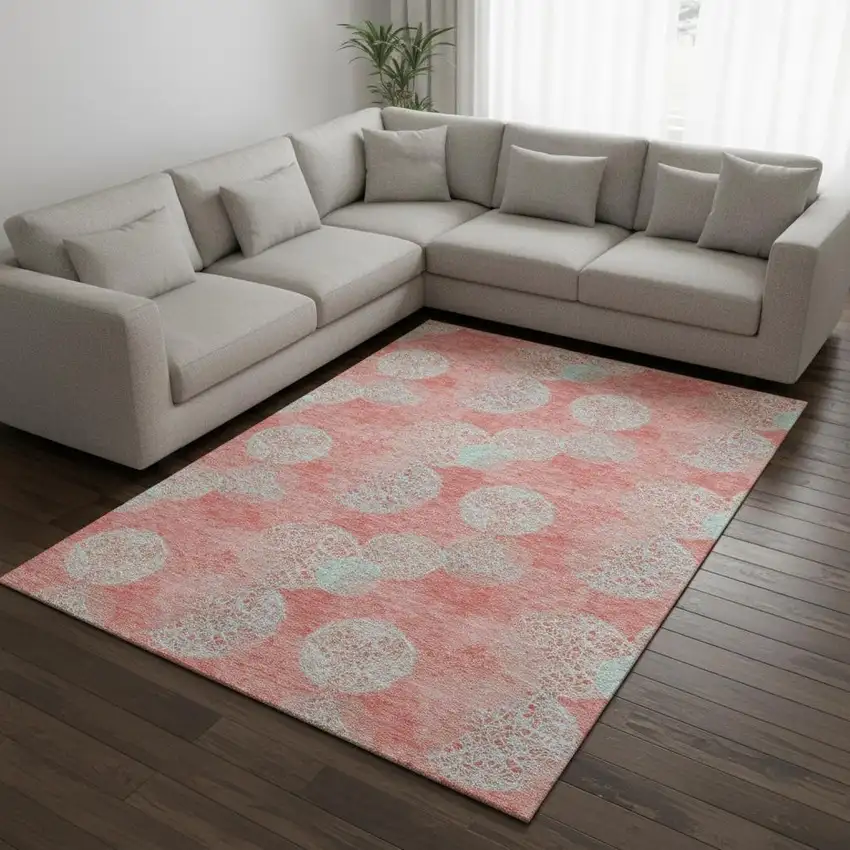Salmon And Ivory Abstract Washable Area Rug With UV Protection Photo 2