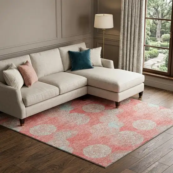 Salmon And Ivory Abstract Washable Area Rug With UV Protection Photo 1