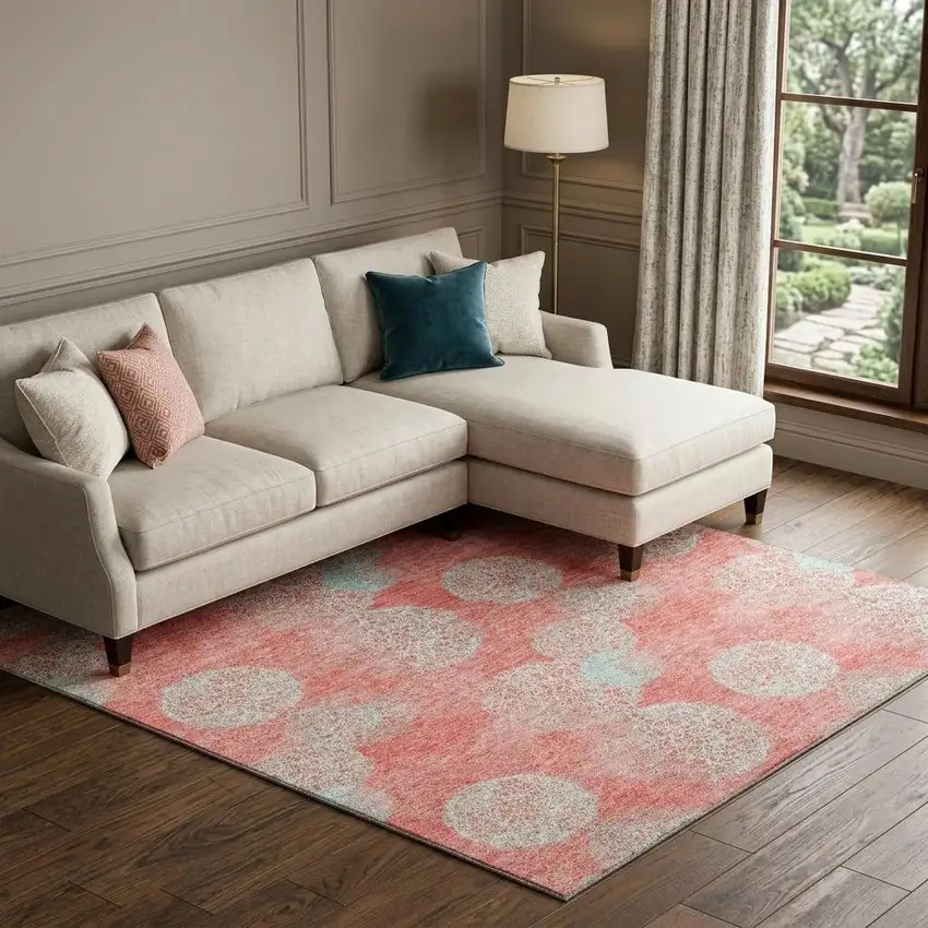 Salmon And Ivory Abstract Washable Area Rug With UV Protection Photo 1