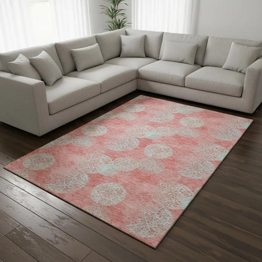 Salmon And Ivory Abstract Washable Area Rug With UV Protection Photo 2