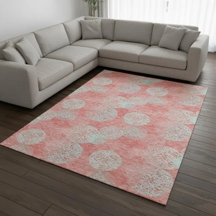 Salmon And Ivory Abstract Washable Area Rug With UV Protection Photo 2