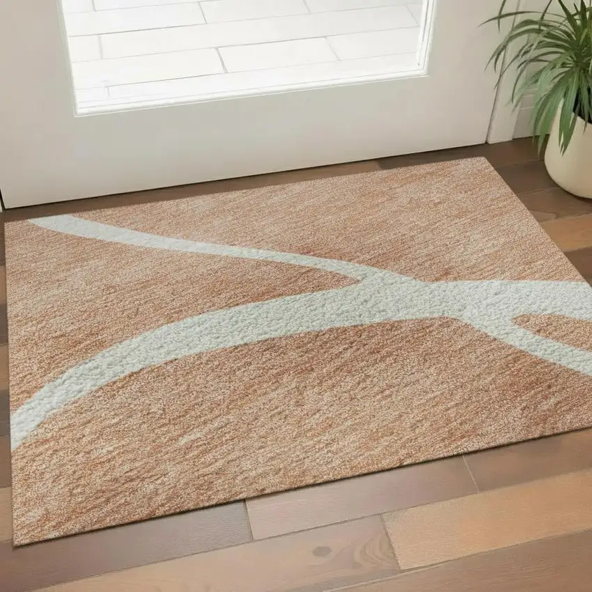 Salmon And Ivory Abstract Washable Area Rug With UV Protection Photo 2