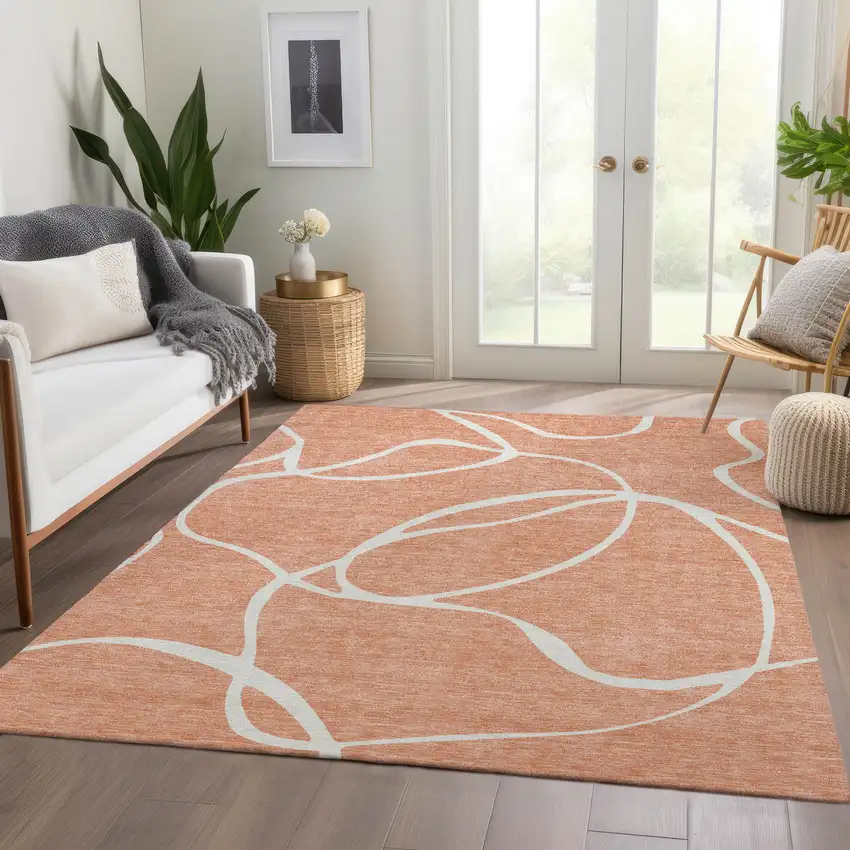 Salmon And Ivory Abstract Washable Area Rug With UV Protection Photo 4