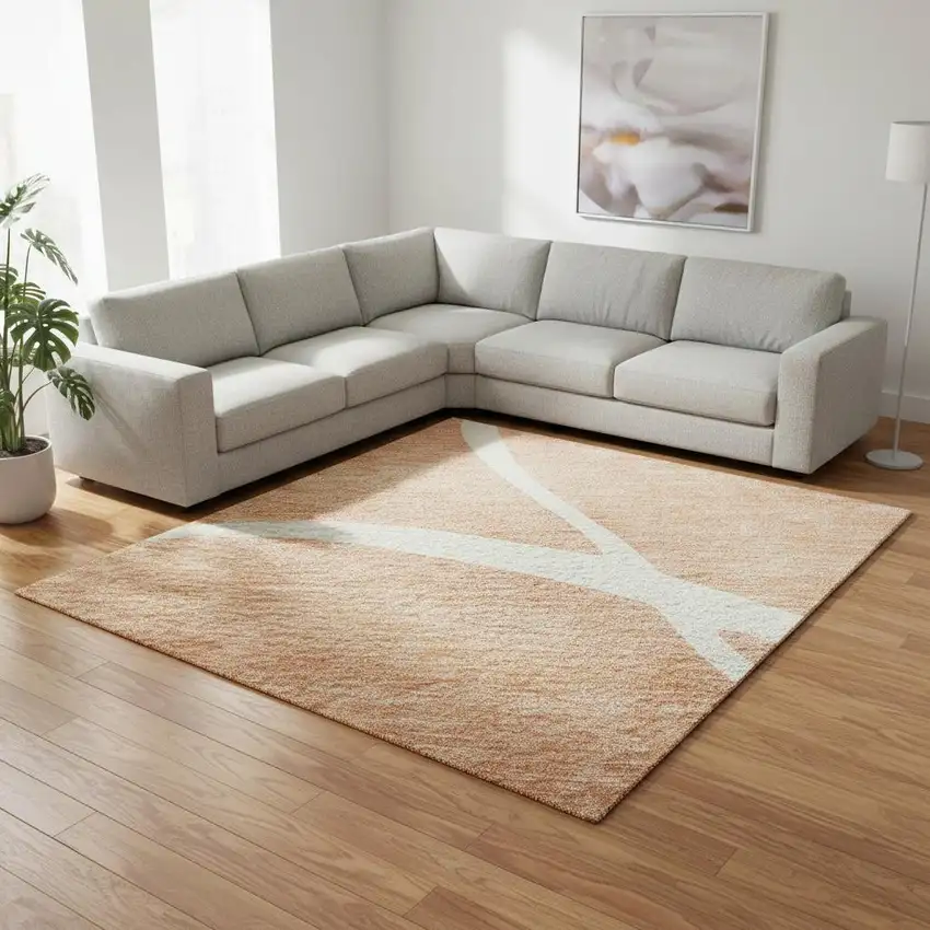 Salmon And Ivory Abstract Washable Area Rug With UV Protection Photo 2