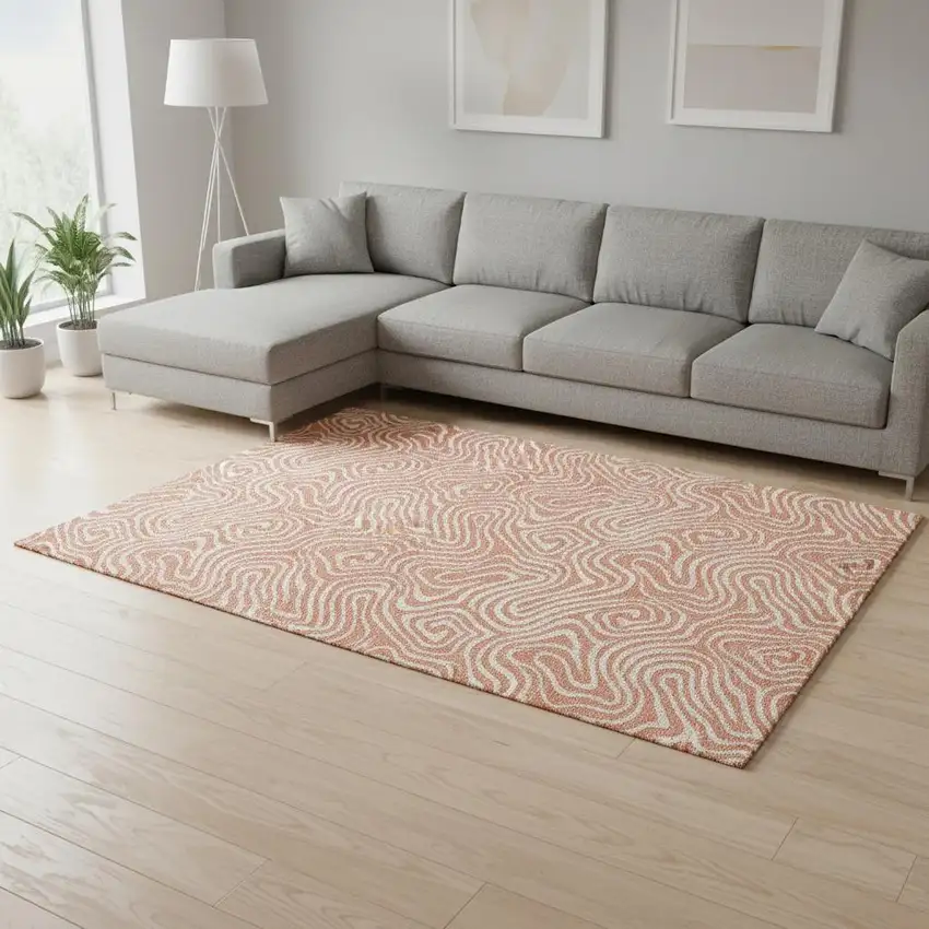 Salmon And Ivory Abstract Washable Area Rug With UV Protection Photo 2