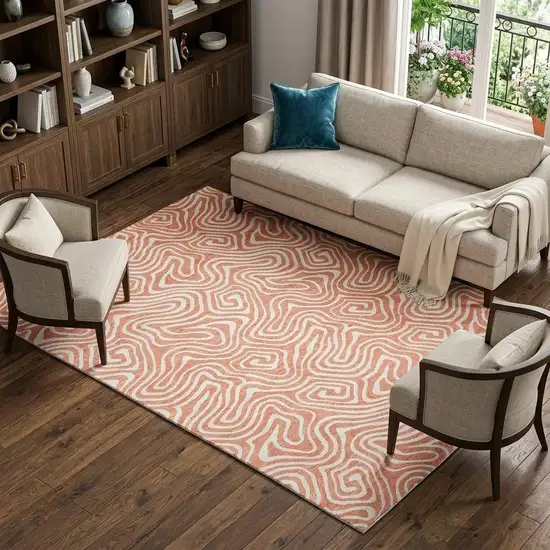 Salmon And Ivory Abstract Washable Area Rug With UV Protection Photo 1