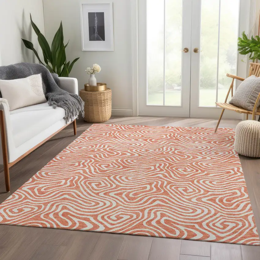 Salmon And Ivory Abstract Washable Area Rug With UV Protection Photo 5