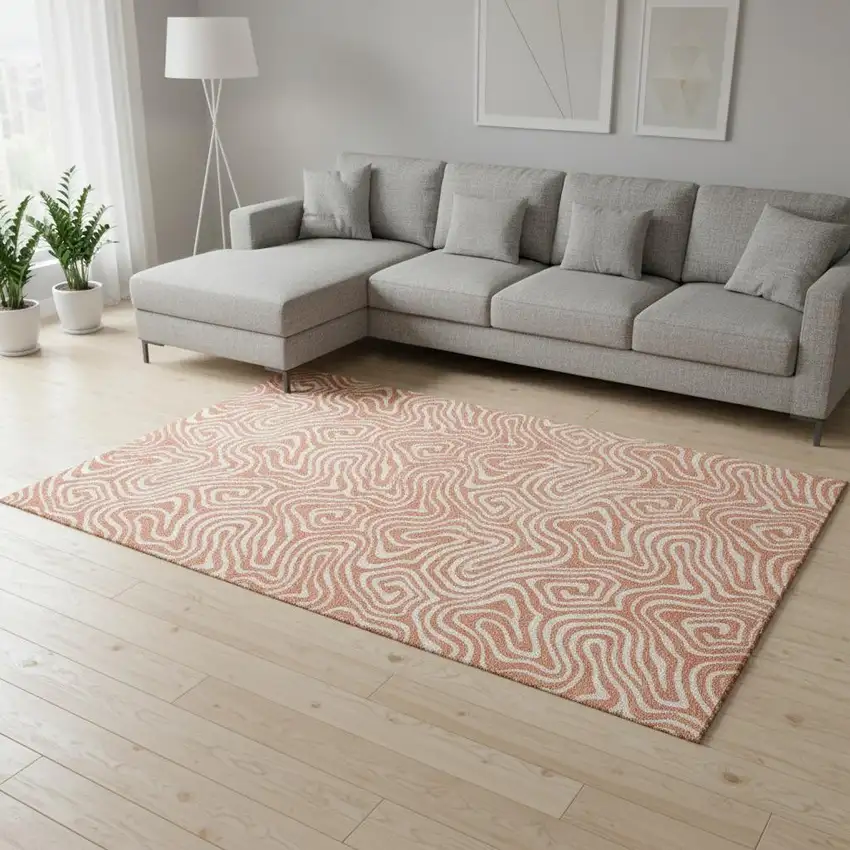 Salmon And Ivory Abstract Washable Area Rug With UV Protection Photo 2