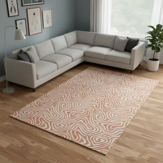 Salmon And Ivory Abstract Washable Area Rug With UV Protection Photo 2