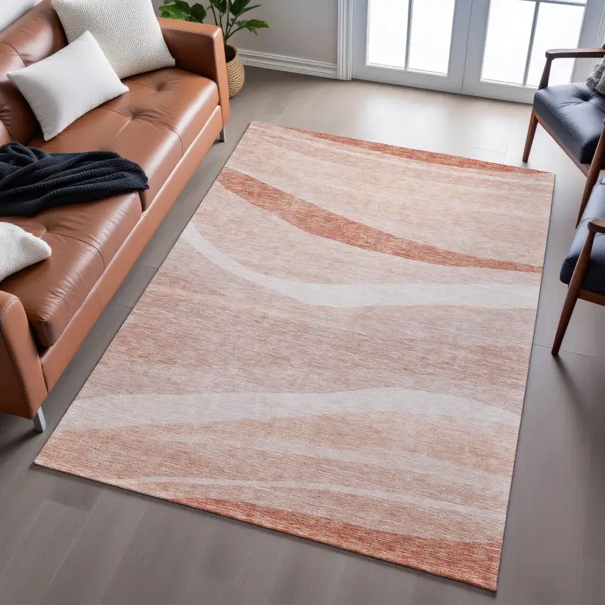 Salmon And Ivory Abstract Washable Area Rug With UV Protection Photo 4
