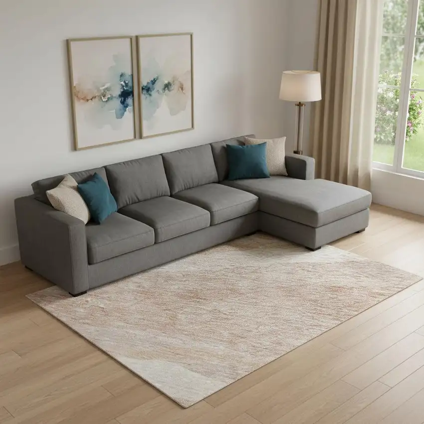 Salmon And Ivory Abstract Washable Area Rug With UV Protection Photo 2