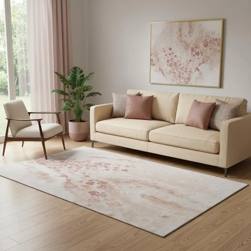 Salmon And Ivory Abstract Washable Area Rug With UV Protection Photo 2