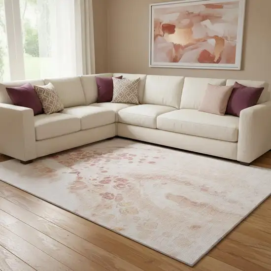Salmon And Ivory Abstract Washable Area Rug With UV Protection Photo 2