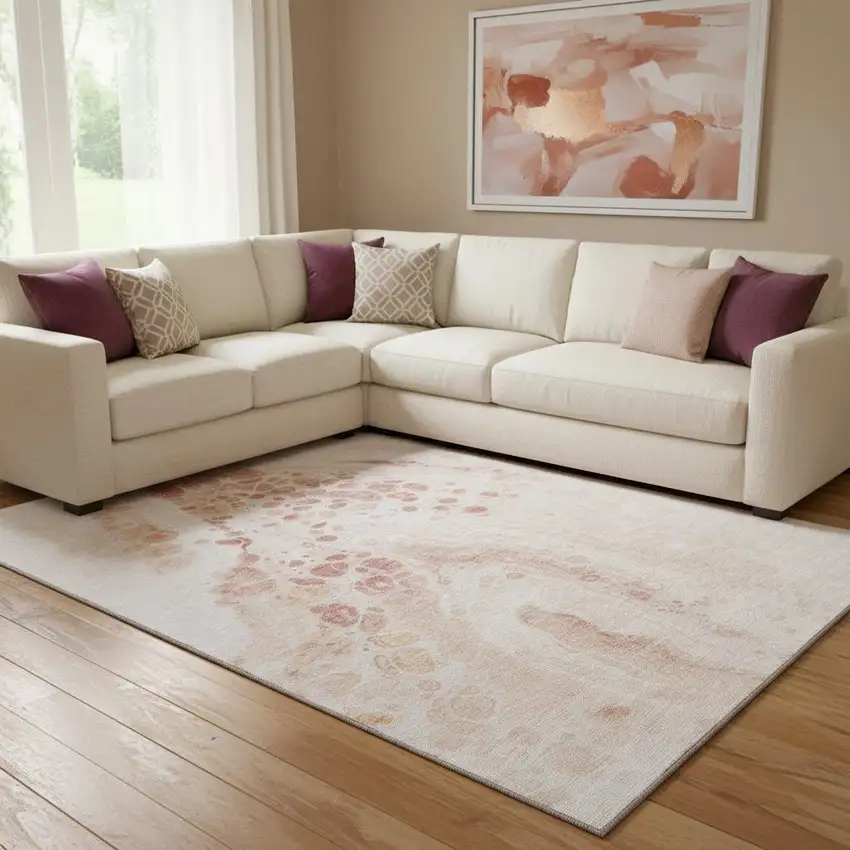 Salmon And Ivory Abstract Washable Area Rug With UV Protection Photo 2