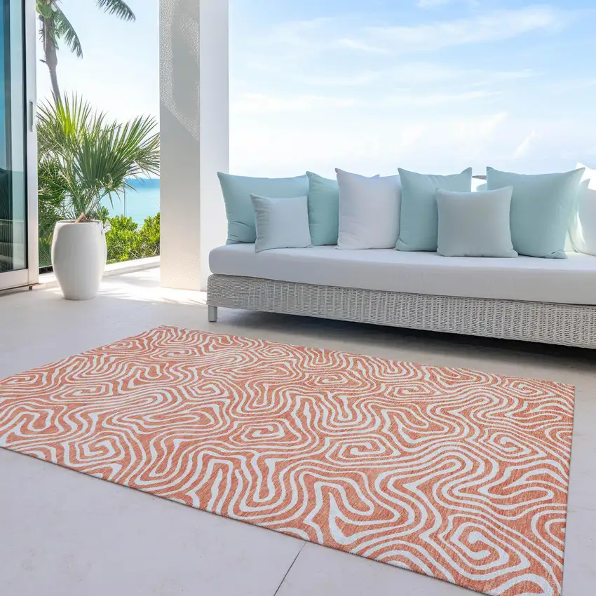Salmon And Ivory Abstract Washable Indoor Outdoor Area Rug Photo 8