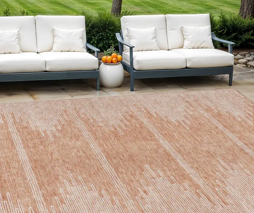 Salmon And Ivory Abstract Washable Indoor Outdoor Area Rug Photo 1