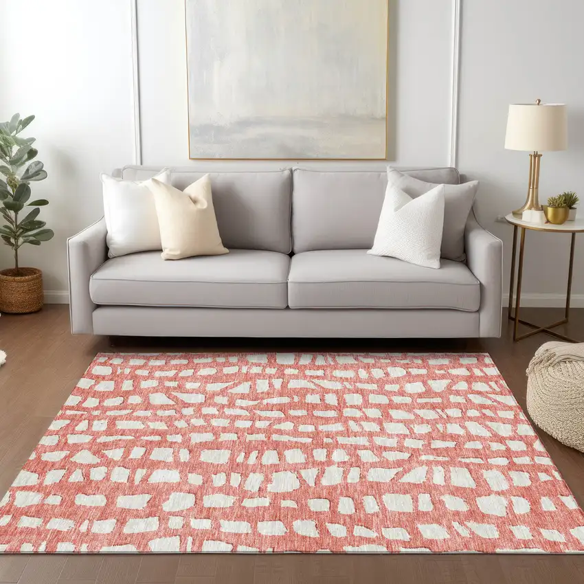 Salmon And Ivory Abstract Washable Indoor Outdoor Area Rug Photo 9