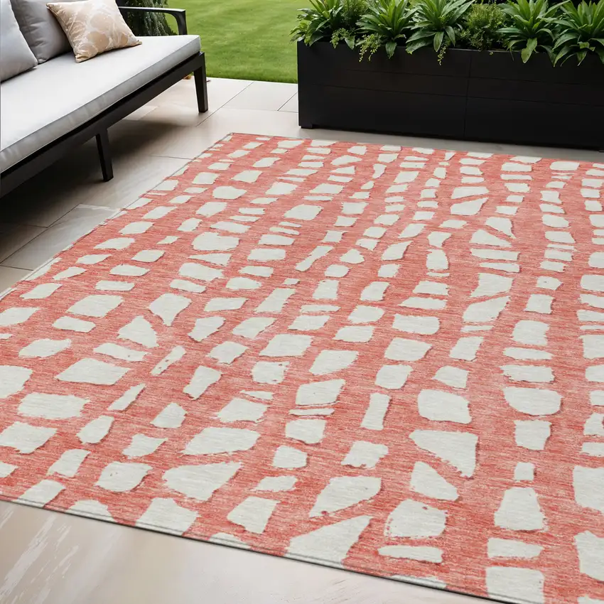 Salmon And Ivory Abstract Washable Indoor Outdoor Area Rug Photo 1