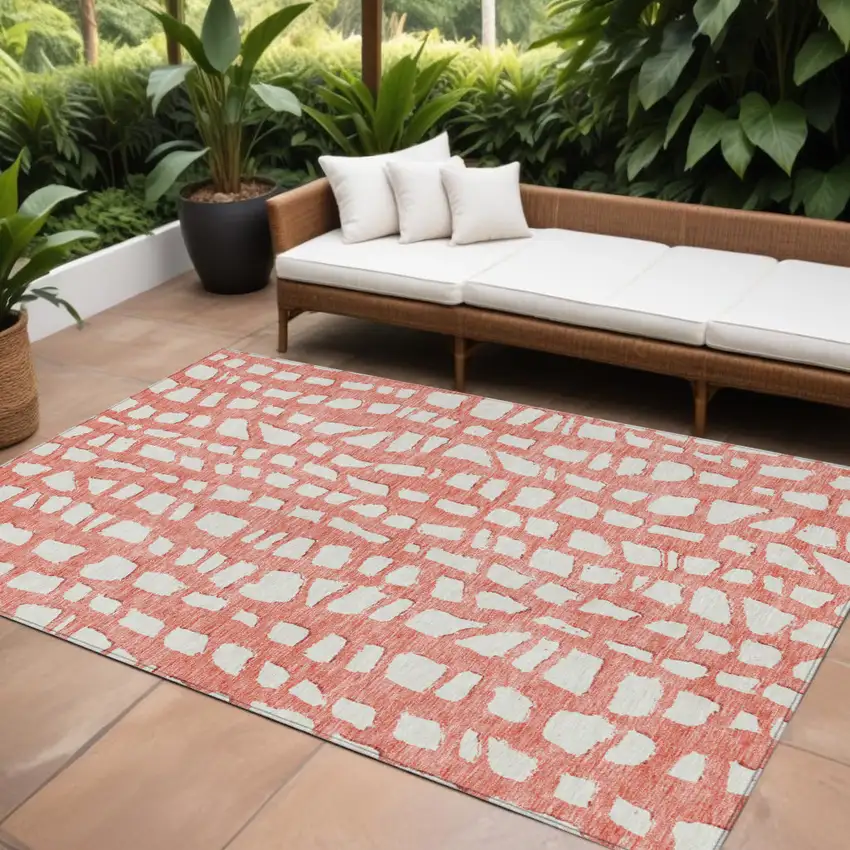 Salmon And Ivory Abstract Washable Indoor Outdoor Area Rug Photo 1