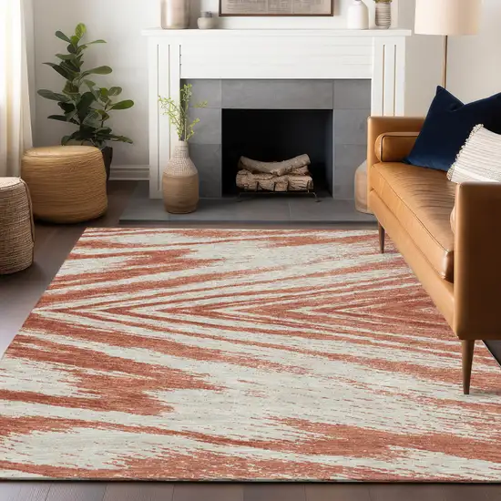 Salmon And Ivory Abstract Washable Indoor Outdoor Area Rug Photo 9