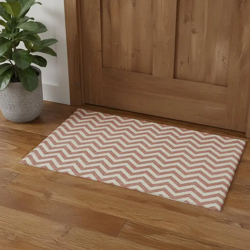 Salmon And Ivory Chevron Washable Area Rug With UV Protection Photo 1
