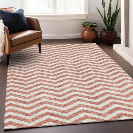 Salmon And Ivory Chevron Washable Area Rug With UV Protection Photo 4