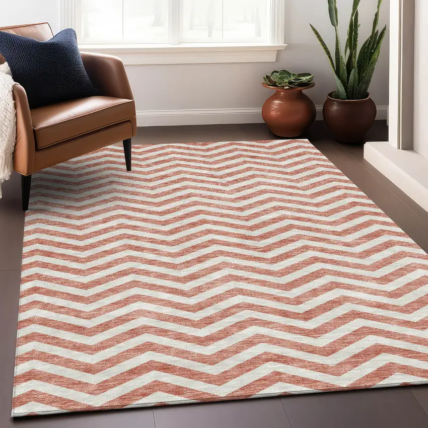 Salmon And Ivory Chevron Washable Area Rug With UV Protection Photo 4