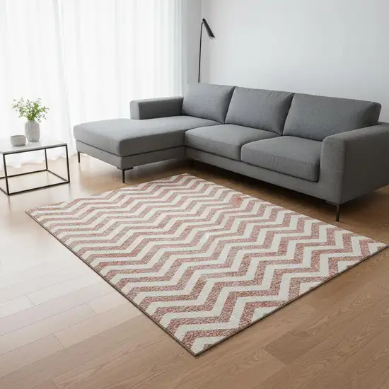 Salmon And Ivory Chevron Washable Area Rug With UV Protection Photo 2