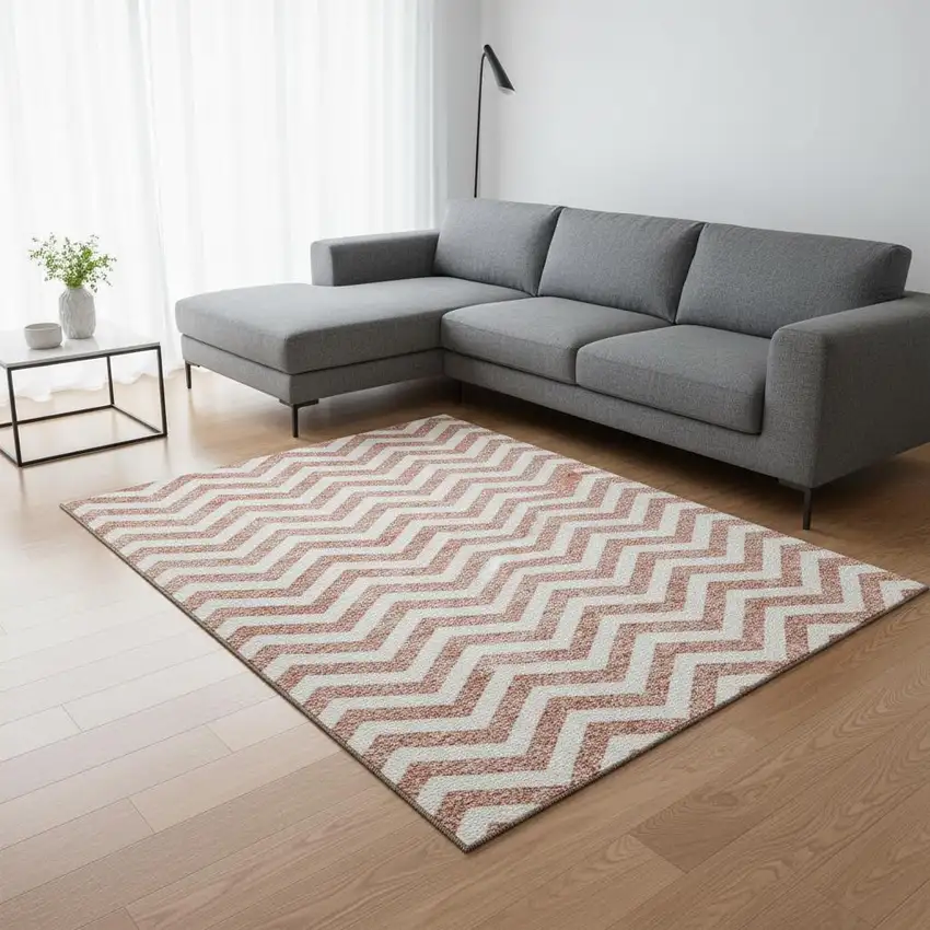 Salmon And Ivory Chevron Washable Area Rug With UV Protection Photo 2