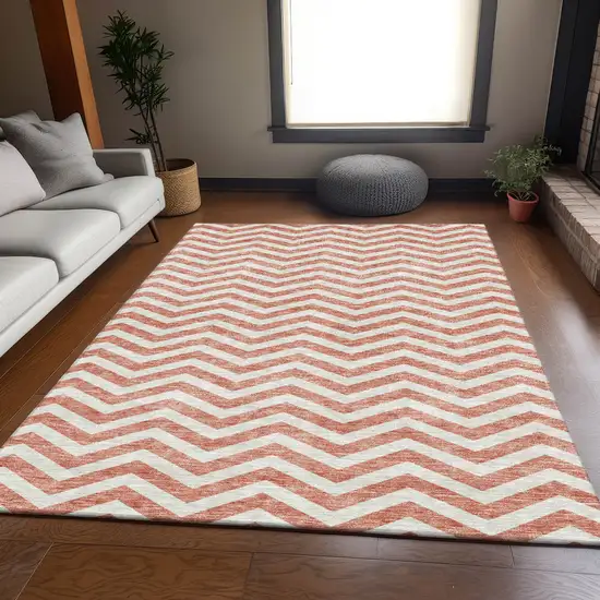 Salmon And Ivory Chevron Washable Area Rug With UV Protection Photo 5