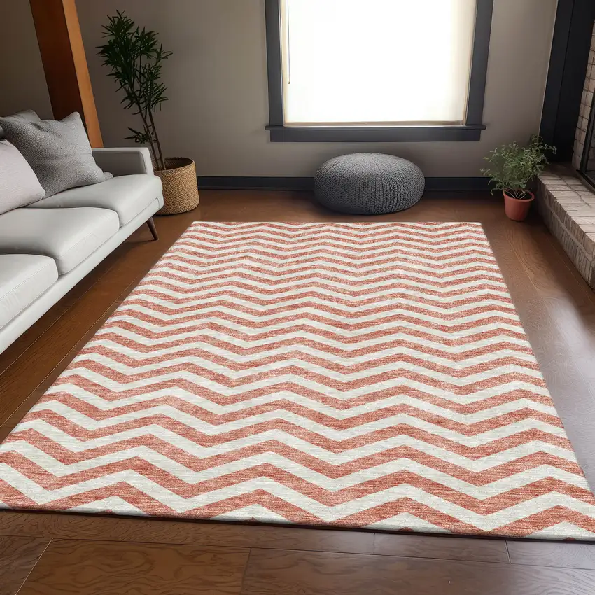 Salmon And Ivory Chevron Washable Area Rug With UV Protection Photo 5