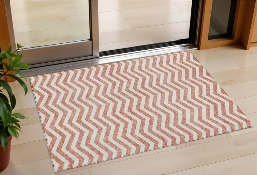 Salmon And Ivory Chevron Washable Indoor Outdoor Area Rug Photo 1