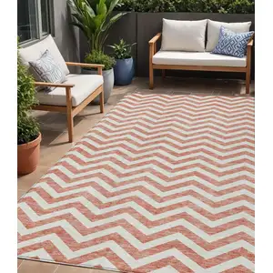 Photo of Salmon And Ivory Chevron Washable Indoor Outdoor Area Rug