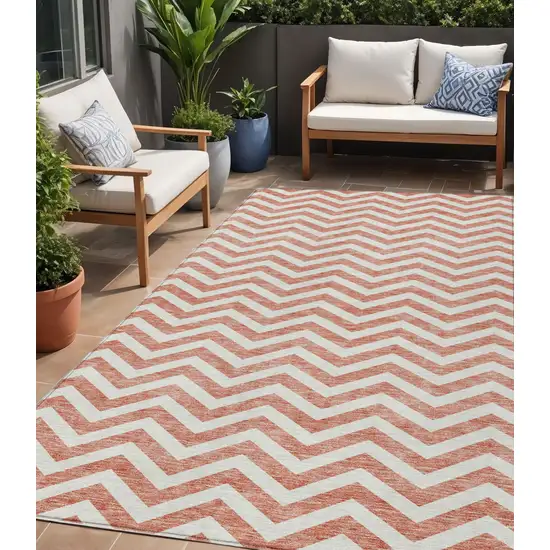 Salmon And Ivory Chevron Washable Indoor Outdoor Area Rug Photo 1
